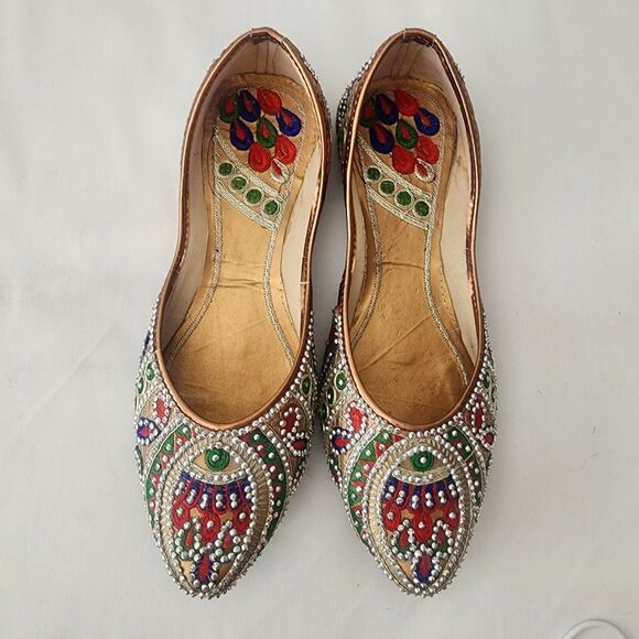 Unbranded Shoes - Step N Style Ladies Traditional Punjabi Gold Flat Indian Leather Embroidered ..